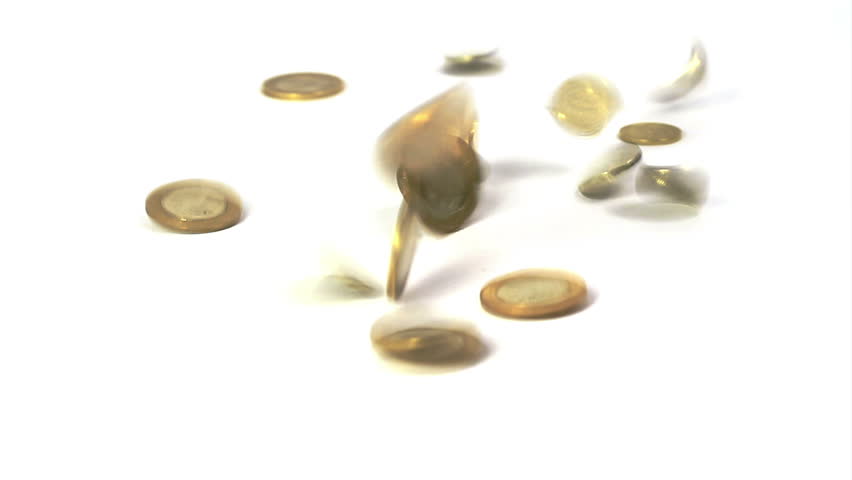 Coins falling on white background; Real time
