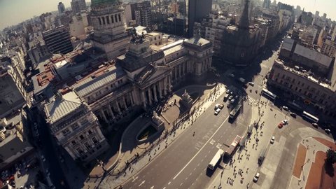 Aerial images with drone of the Congress and the street. The National Congress in Buenos Aires, Argentina 