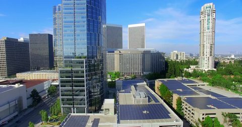 Aerial view of Century City and Solar panels, Los Angeles, California, 4K