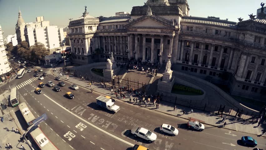 Aerial images with drone of the Congress and the street. The National Congress in Buenos Aires, Argentina 