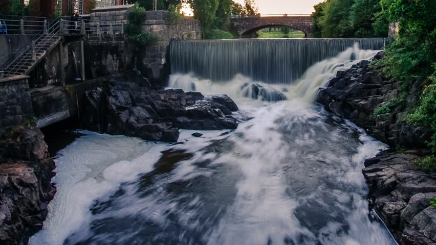 Waterfall in the old town. Helsinki, Finland. Time lapse.