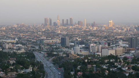 LOS ANGELES, CA, USA - APR 15.2015: Skyline of Los Angeles at daytime view from Hollywood Hills downtown and 101 freeway