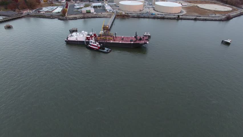 Aerial Footage of Tugboat and Barge on Delaware River Philadelphia PA