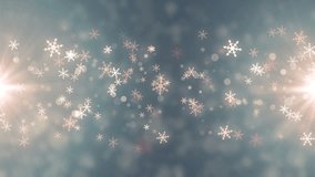 Soft beautiful blue backgrounds.Moving gloss particles on azure background loop. Winter theme Christmas background with snowflakes.