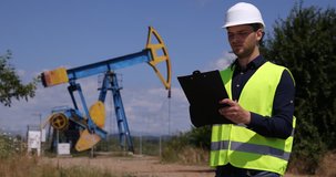 Young Engineer Man Taking Notes Clipboard Oil Pump Energy Production Industry. Ultra High Definition, UltraHD, Ultra HD, UHD, 4K, 2160P, 4096x2160
