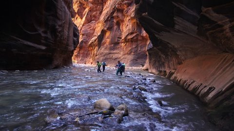 View of Zion Narrows as people are hiking through the water.