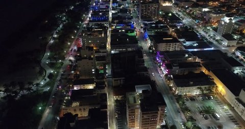 MIAMI BEACH - DECEMBER 12: Night aerial video of Miami Beach Ocean Drive which is a popular tourist destination on the beach December 12, 2016 in Miami Beach FL, USA
