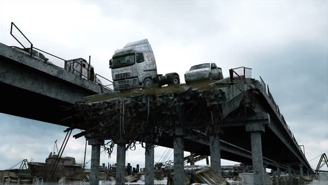 Apocalypse sea view. Destroyed bridge. Armageddon concept. Super realistic 4K animation.