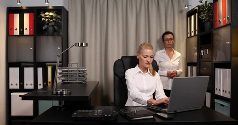 Handsome Business Women Partners Checking Pie Chart Rejecting Papers Office Room. Ultra High Definition, UltraHD, Ultra HD, UHD, 4K, 2160P, 4096x2160