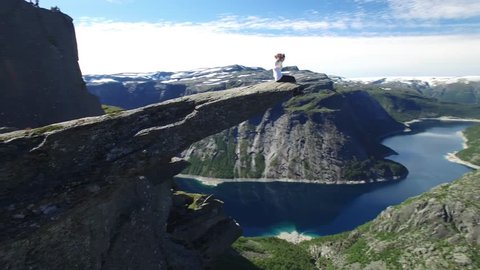 aerial 4K close-up video  of Trolltunga or Troll tongue, Norway, one of the world most famous cliff captured by professional drone camera