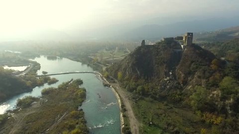 ruins of an old fortress on Kutaisi hill near Mtskheta, Georgia, aerial view