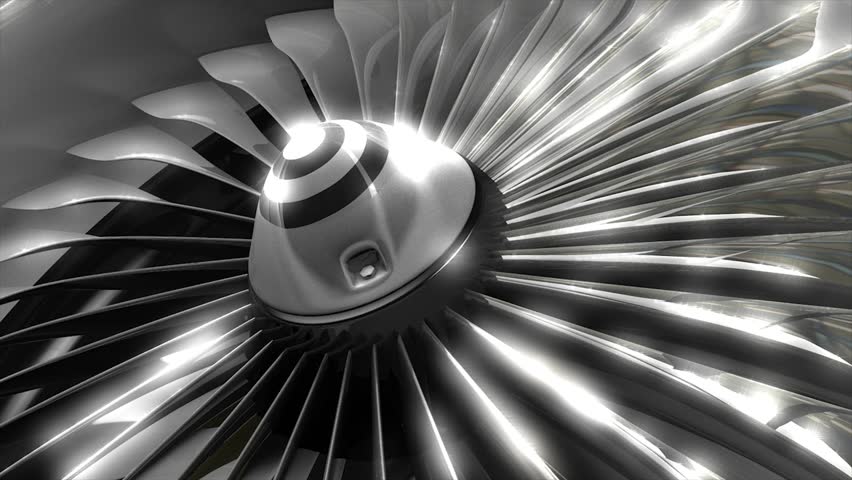 Close up turbine engine front fan.

