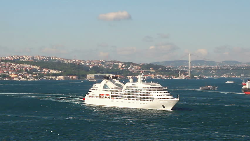 Luxury cruise ship sails in Istanbul Harbor. Timelapse