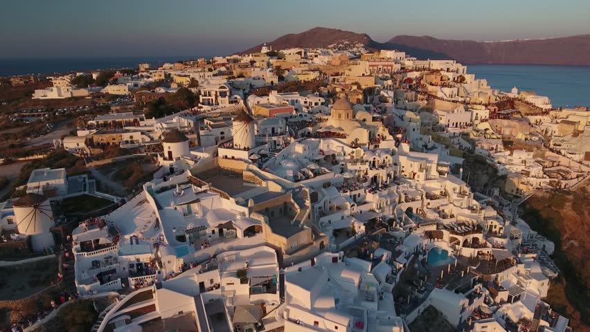 4K Drone Shot Of Santorini Island At Sunset