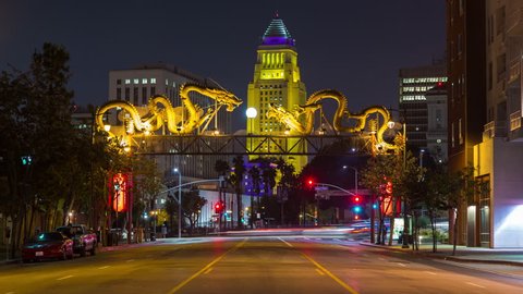 Time-lapse of traffic in front of Chinatown arch in downtown Los Angeles with City Hall in the background