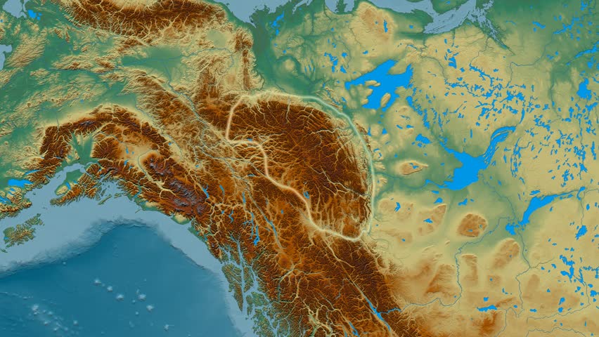Zoom into Mackenzie mountain range - glowed. Relief map. High resolution ASTER GDEM data textured