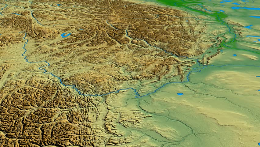 Glide over Mackenzie mountain range - masks. Colored physical map. High resolution ASTER GDEM data textured