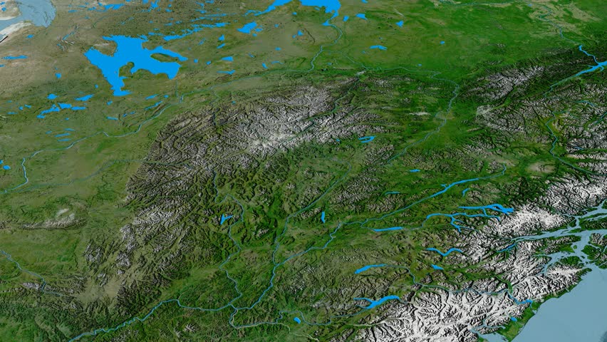 Revolution around Mackenzie mountain range - masks. Satellite imagery. High resolution ASTER GDEM data textured