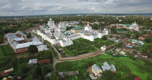 Aerial drone video of Rostov Kremlin and Spaso-Yakovlevski Monastery in Yaroslavl oblast in north-eastern Russia 200 km away from Moscow