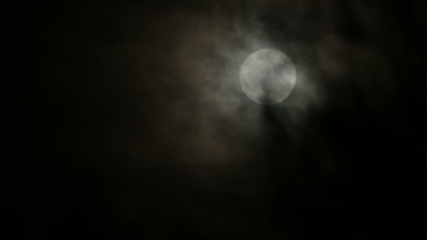 Full moon breaking through black clouds behind windy forest branches