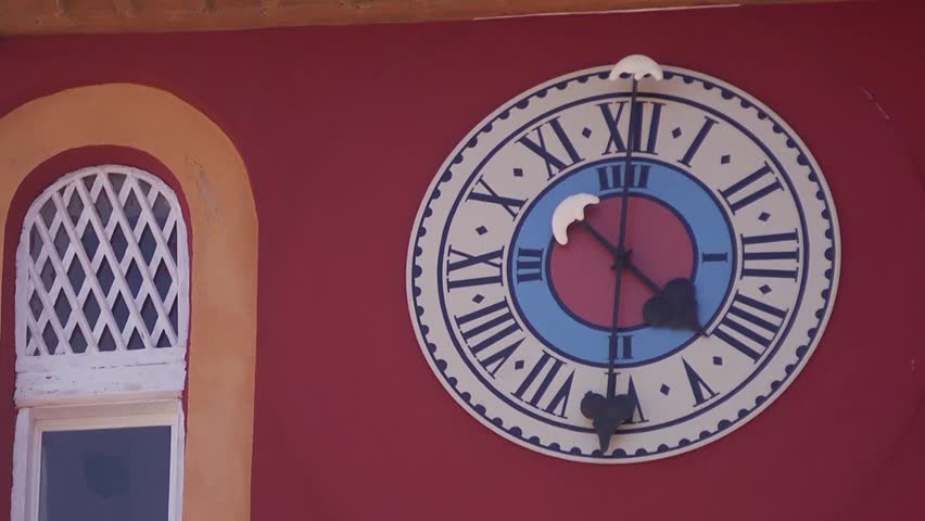Greece, Mount Athos, Vatopedi Monastery courtyard, September 5, 2015. Watch face of Clock tower. Close up