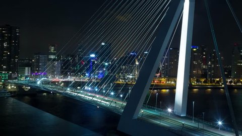 Timelapse of Erasmus bridge at night in the city of Rotterdam, The Netherlands