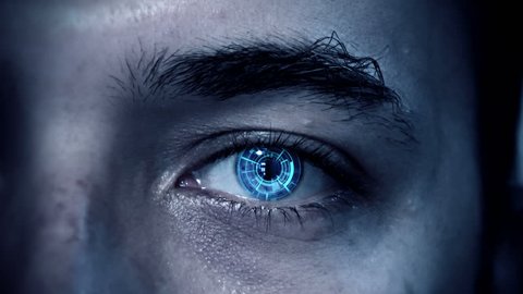 Cyborg eye close up revealing sale text
