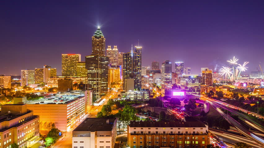 Atlanta, Georgia, USA downtown city skyline and fireworks.