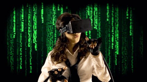 A girl wearing a virtual reality headset, wired gloves, interacting with what she sees. Background: random cuneiform characters falling down (code rain, a popular sci-fi movie effect).
