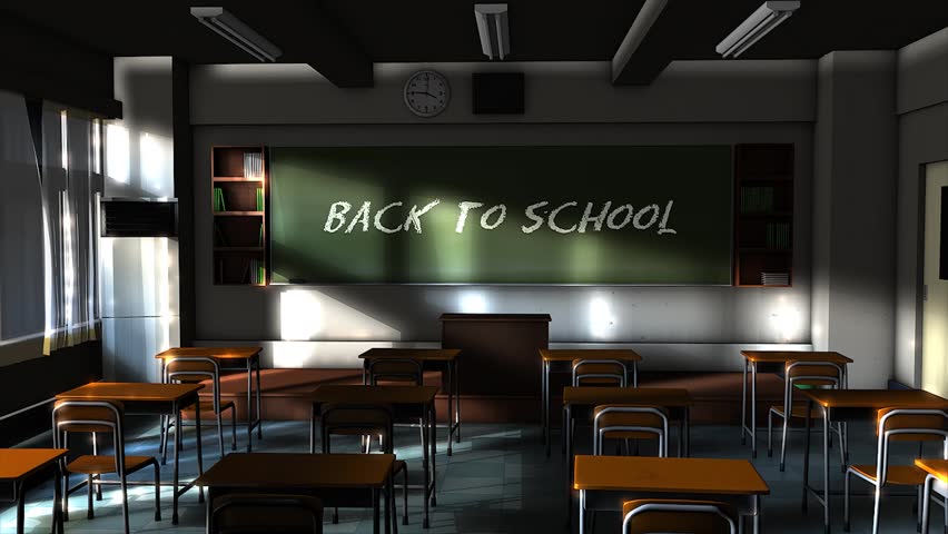 Empty school classroom with back to school writing text on the blackboard.
