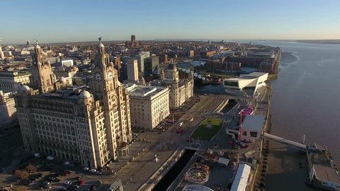 Liverpool Skyline and the Mersey river - Amazing 4K Drone footage in the warm evening light.