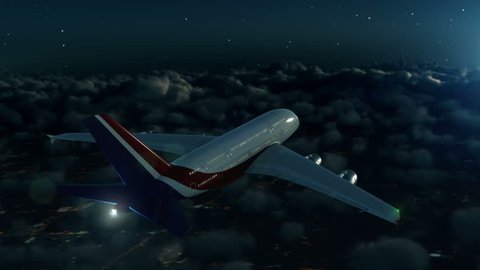 Commercial airplane flying above clouds at night with stars and moonlight
