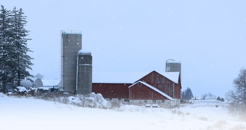 4K UltraHD Red barn with falling snow