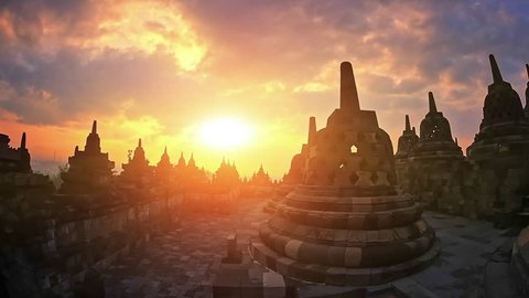 Amazing view of Borobudur temple architecture at sunset during trip in Indonesia