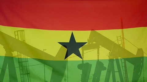 Concept oil production in Ghana oil pumps and ghanaian flag in slow motion movement