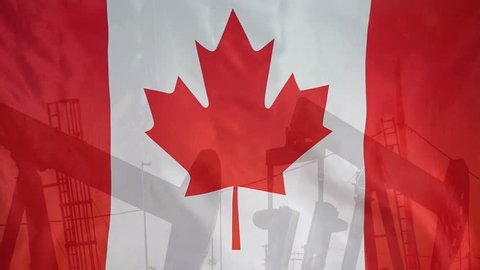 Concept oil production in Canada oil pumps and canadian flag in slow motion movement