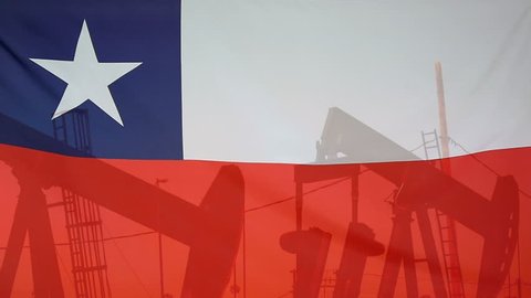 Concept oil production in Chile oil pumps and chilean flag in slow motion movement