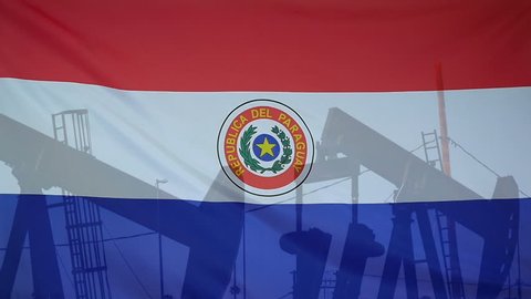 Concept oil production in Paraguay oil pumps and paraguayan flag in slow motion movement