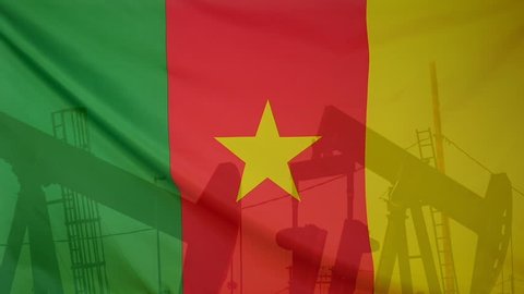 Concept oil production in Cameroon oil pumps and cameroonian flag in slow motion movement