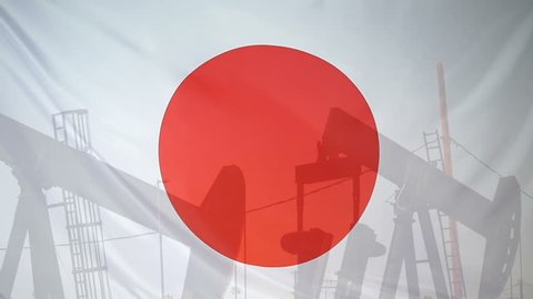 Concept oil production in Japan oil pumps and japanese flag in slow motion movement