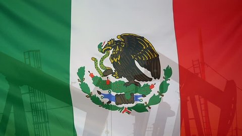 Concept oil production in Mexico oil pumps and mexican flag in slow motion movement
