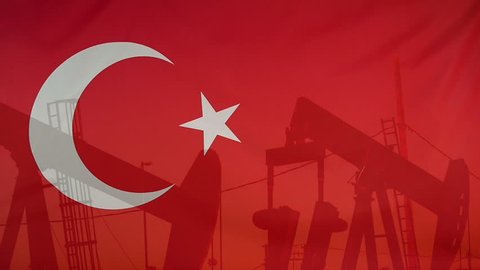 Concept oil production in Turkey oil pumps and turkish flag in slow motion movement