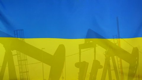 Concept oil production in Ukraine oil pumps and ukrainian flag in slow motion movement