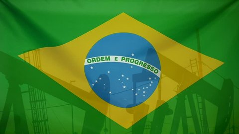 Concept oil production in Brazil oil pumps and brasilian flag in slow motion movement