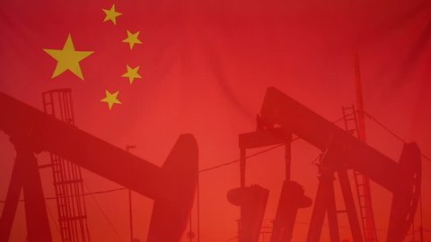 Concept oil production in China oil pumps and chinese flag in slow motion movement