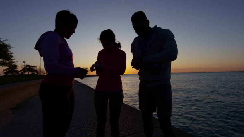 Relaxed Multi Ethnic male and females in silhouette at sunset by Lake Michigan Chicago resting together RED DRAGON