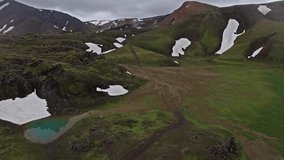 Aerial drone video of Landmannalaugar, highland place in Iceland with colorful mountains