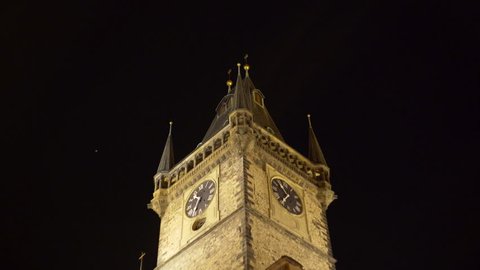 CZECH REPUBLIC - CIRCA APRIL 2016 - Church of Mother of God before Tyn at night clocktower, Prague, Czech R.