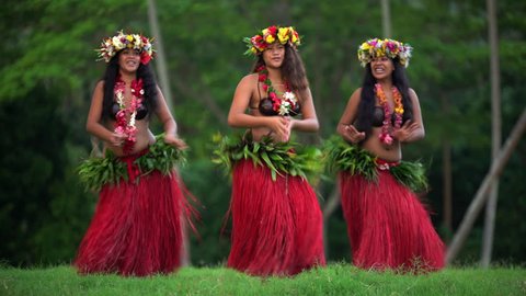 Barefoot Tahitian females in hula skirts and flower headdress performing a traditional dance at celebration ceremony French Polynesia South, Pacific,