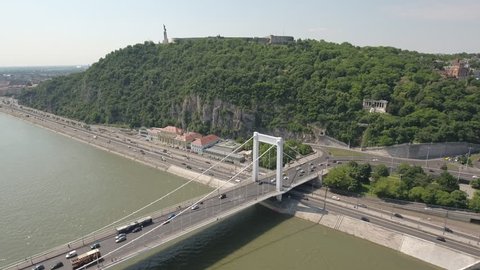 Aerial shot of Budapest - Elizabeth bridge and Gellert Hill, June 2016: Budapest, Hungary